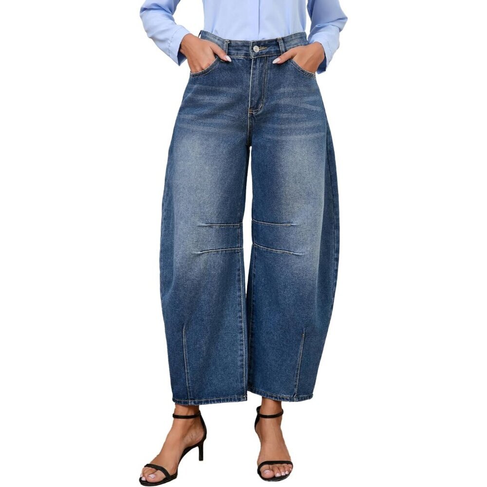 Women Wide Leg Barrel Jeans Cropped Denim Pants Casual Comfort Fit